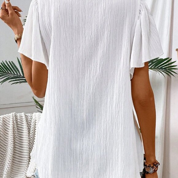 White Boho Women's Crochet Patchwork Square Neck Flutter Sleeve Vacation Shirt - Picture 2 of 6